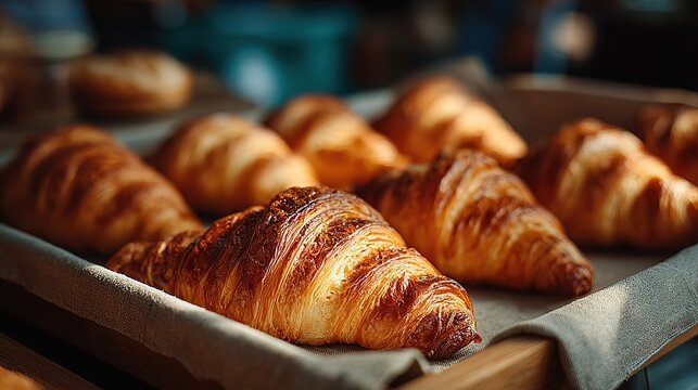 Tray of Croissants Sits on a Table for Sale at Bakery. Fresh and Inviting Pastries. - Powered by Adobe