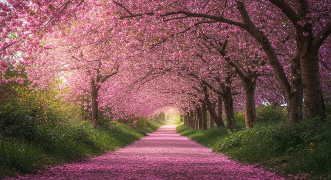 Pathway lined with blossoming pink trees creating a vibrant springtime scene