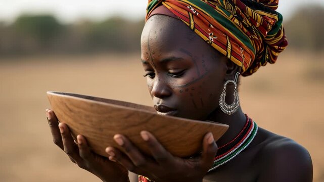 Young woman from the karo tribe in ethiopia holding a wooden bowl