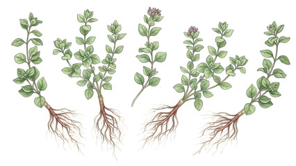 Botanical illustrations of oregano plants with visible roots, isolated on a white background.
