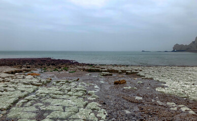 A beautifully tranquil coastal scene that showcases rocky shores and gentle waves under a soft, cloudy sky