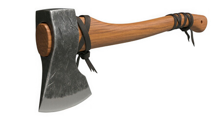 Hand ax with wooden handle isolated on transparent background, a vintage tool