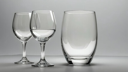 Elegant crystal wine glasses and tumbler set on neutral background
