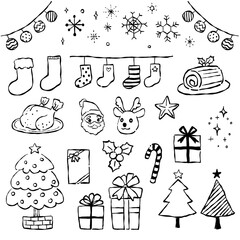 手描きのクリスマスベクターイラストセット(モノクロ線画)