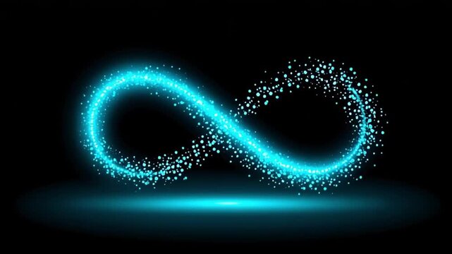 Glowing infinity loop symbol with blue light particle effect on black background, endless energy and futuristic motion, abstract style, limitless possibilities, soft light reflection