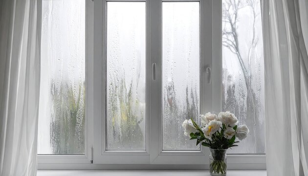 Close-up of raindrops on a car window, foggy glass with soft blurred light.
