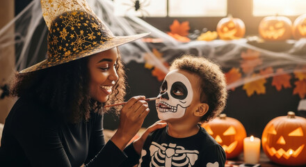 Black mother doing makeup for son for in costume skeleton Halloween. Happy african american family preparing for Halloween celebration.	