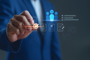 Businessman selecting digital resume on virtual HR interface, symbolizing recruitment, candidate evaluation, job interviews, employee selection, and modern digital hiring