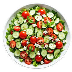 Salad Tomatoes, cucumbers, greens, and feta cheese in a white bowl