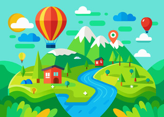 Fototapeta premium Vibrant flat design landscape with hot air balloons and cozy cabins
