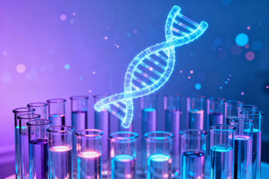 DNA helix and test tubes in lab - Powered by Adobe
