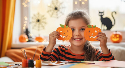 Little happy Caucasian girl at home making pumpkin decorations for Halloween	