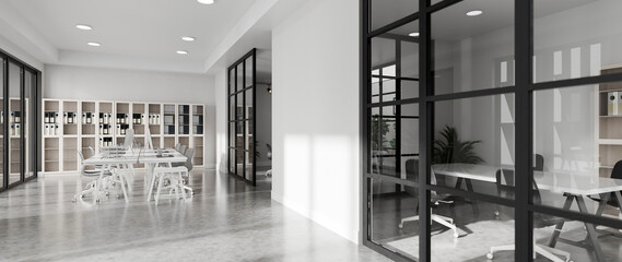 Photorealistic 3D render of a modern open plan office with desks, ergonomic chairs, and glass...