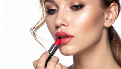 Beautiful woman applying vibrant red lipstick close-up.