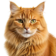 Orange cat portrait, green eyes, long fur, isolated on dark backdrop