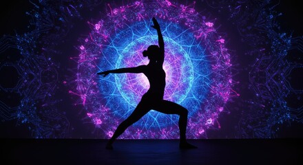 Silhouette of person in yoga pose against geometric background