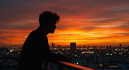 Silhouette of person watching sunset over cityscape dramatic sky