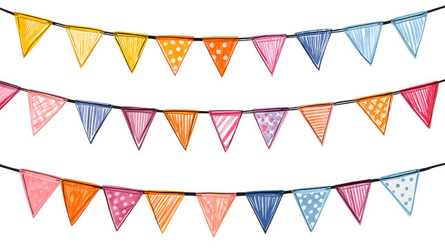 Colorful triangular bunting flags with patterns on black background isolated on a transparent background