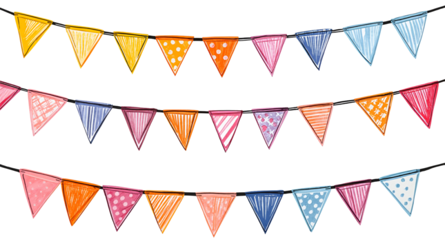 Colorful triangular bunting flags with patterns on black background isolated on a transparent background