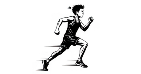 Running boy isolated on transparent background, vector illustration in black and white