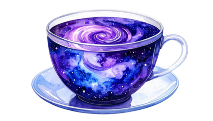 Cosmic tea watercolor galaxy in glass teacup isolated on transparent background