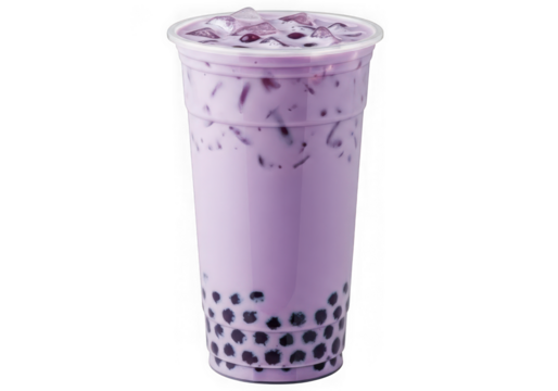 Taro bubble tea with tapioca pearls isolated on transparent background