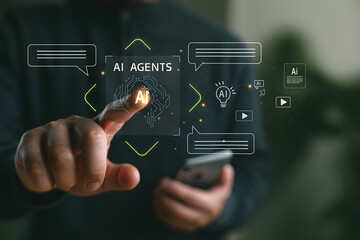 Businessman using AI agent interface for smart automation and digital communication. Concept of artificial intelligence, chatbot, virtual assistant, and generative AI technology