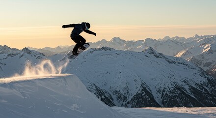 Snowboarder performs a jump against a backdrop of snowy mountain peaks