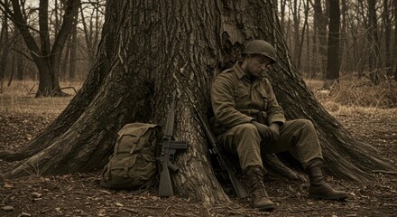 Soldier resting against a large tree in a sepia toned forest during wartime