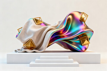 Abstract sculpture with fabric and metallic shapes