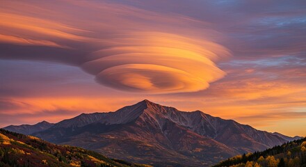 Spectacular lenticular cloud formation over mountain range at sunset