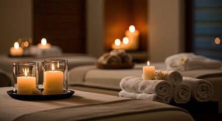 Spa interior with candles and rolled towels for relaxation and wellness