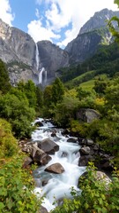 Alpine waterfall cascading through valley