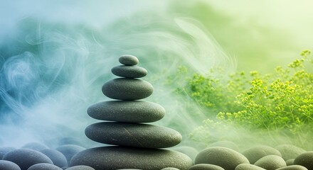Stack of stones in balance with serene backdrop and copy space concept
