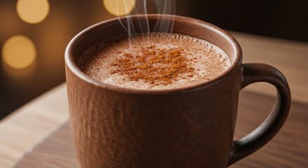 Steaming cup of cocoa with cinnamon in warm lighting setting