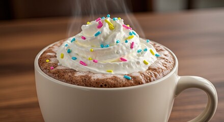 Steaming hot chocolate beverage topped with whipped cream and colorful sprinkles