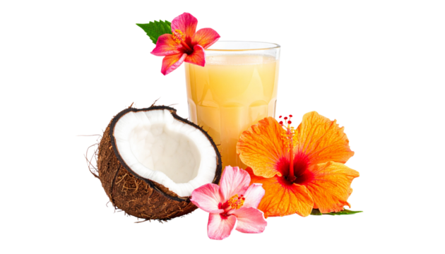 Coconut milk drink with hibiscus flowers and fresh coconut half isolated on transparent background