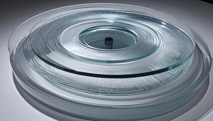 The transparent, circular glass elements form a layered, spiraling pattern, creating an abstract composition.