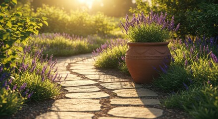 Stone pathway through a garden with lavender flowers and sunlight