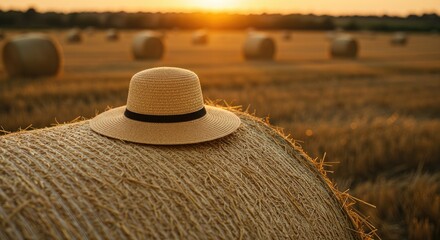 Straw hat on hay bale in a golden field at sunset