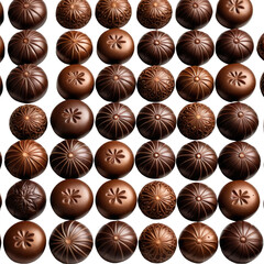 Array of round, decorated milk chocolate candies, overhead perspective