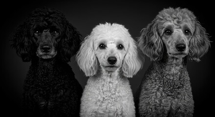 Three elegant poodles posing in studio portrait against a dark background