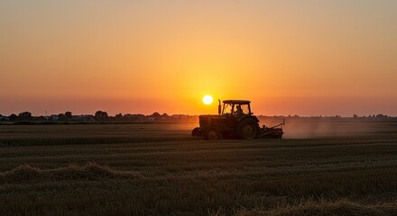 Tractor in silhouette working in field at sunset agricultural landscape