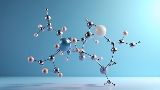 Minimal 3D illustration of connected molecules and atoms forming geometric shapes over a gradient scientific background.

