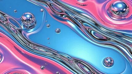 Chrome liquid texture forming iridescent waves with floating metallic spheres, showing fluid movement and abstract shapes - Powered by Adobe