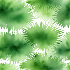 Green watercolor floral shapes repeating in an abstract pattern