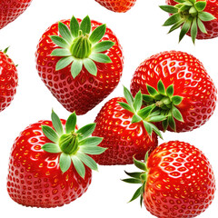 Close-up of juicy, ripe red strawberries with green leaves