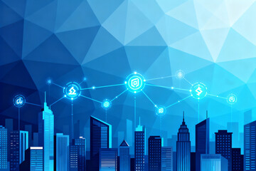 Blue geometric cityscape with digital icons