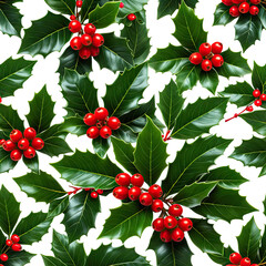 Holly Seamless pattern with green leaves and red berries on black