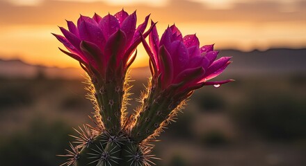 Vibrant cactus flowers blooming at sunset natures beauty and serenity